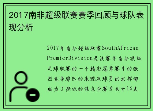 2017南非超级联赛赛季回顾与球队表现分析